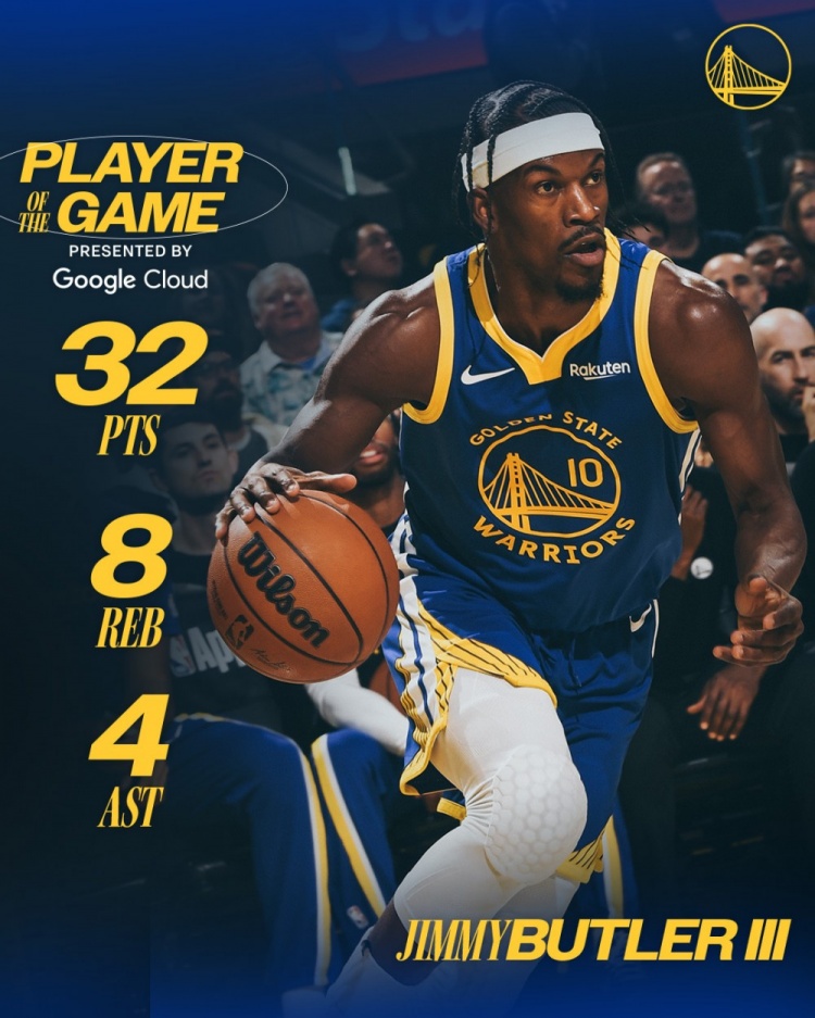 皇冠-32分赛季新高！勇士官方发布本场最佳数据海报：吉米·巴特勒